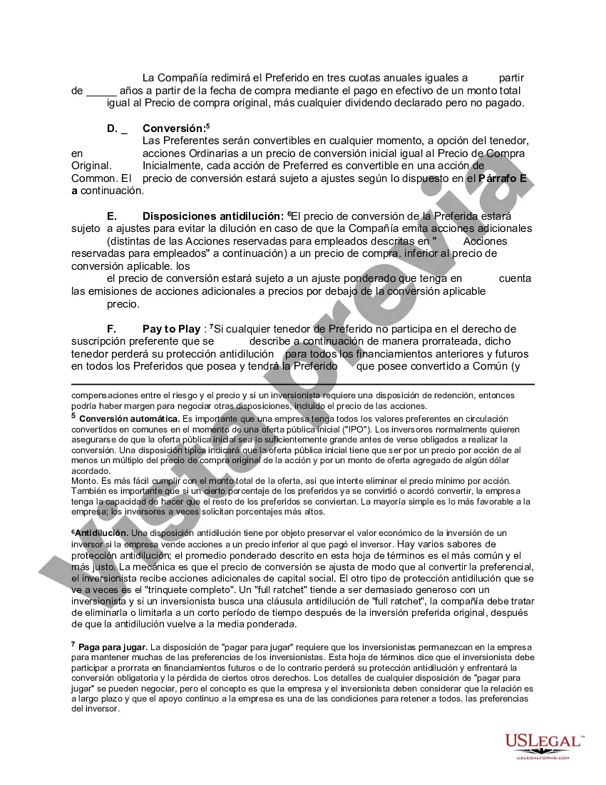 Preview Hoja de términos de muestra con anotaciones explicativas