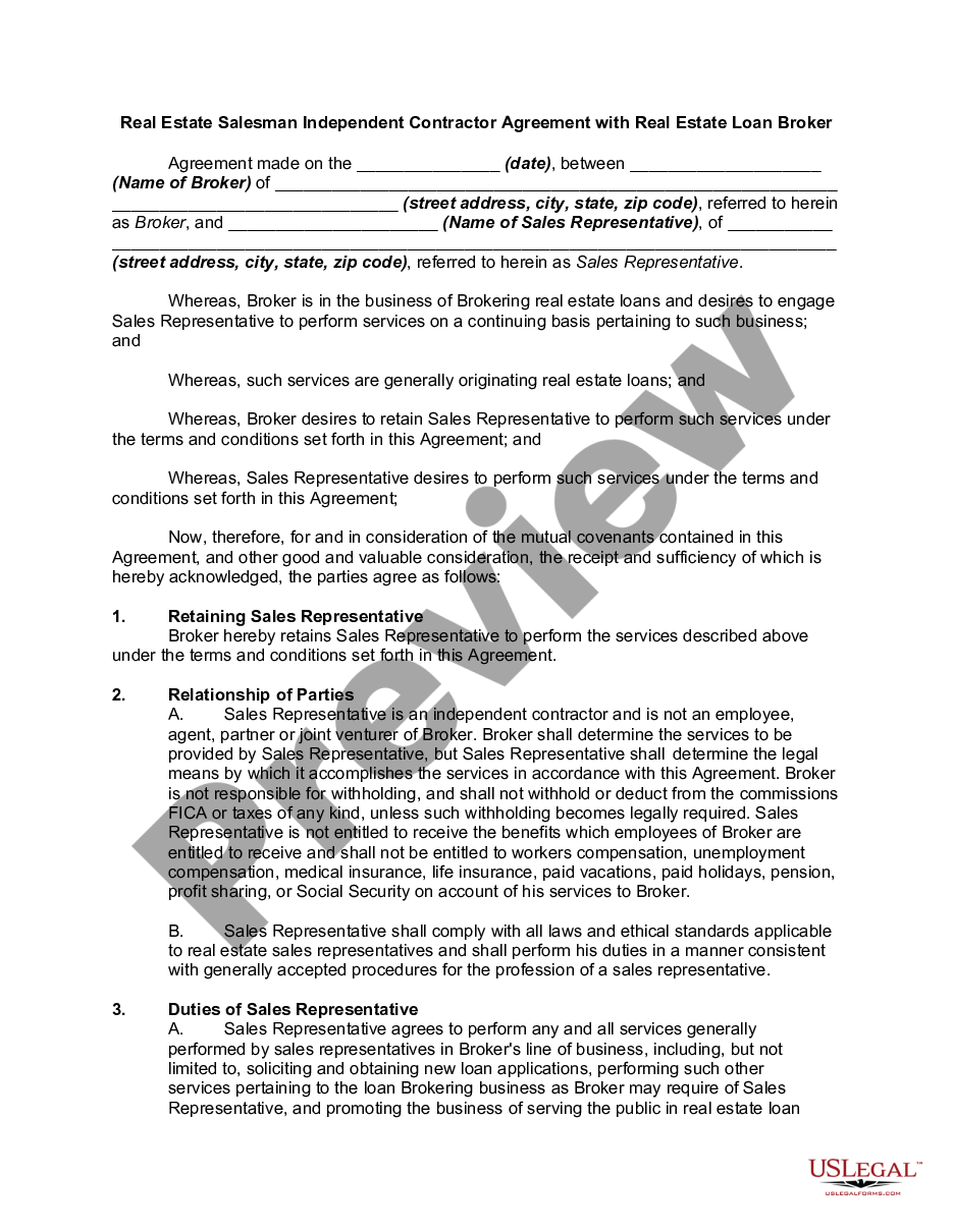 page 0 Real Estate Salesman Independent Contractor Agreement with Real Estate Loan Broker  preview