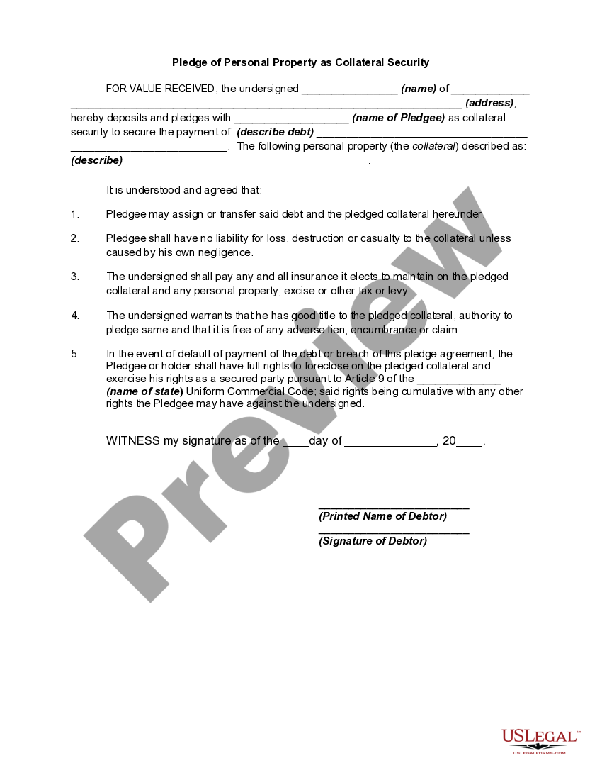 Florida Pledge of Personal Property as Collateral Security Personal