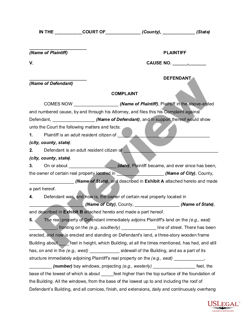 Complaint for Encroachment - Land Encroachment | US Legal Forms