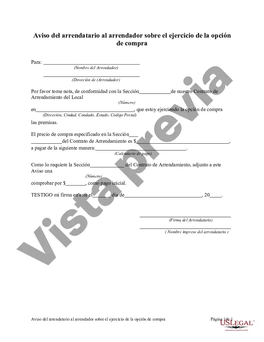 Preview Aviso del arrendatario al arrendador sobre el ejercicio de la opción de compra