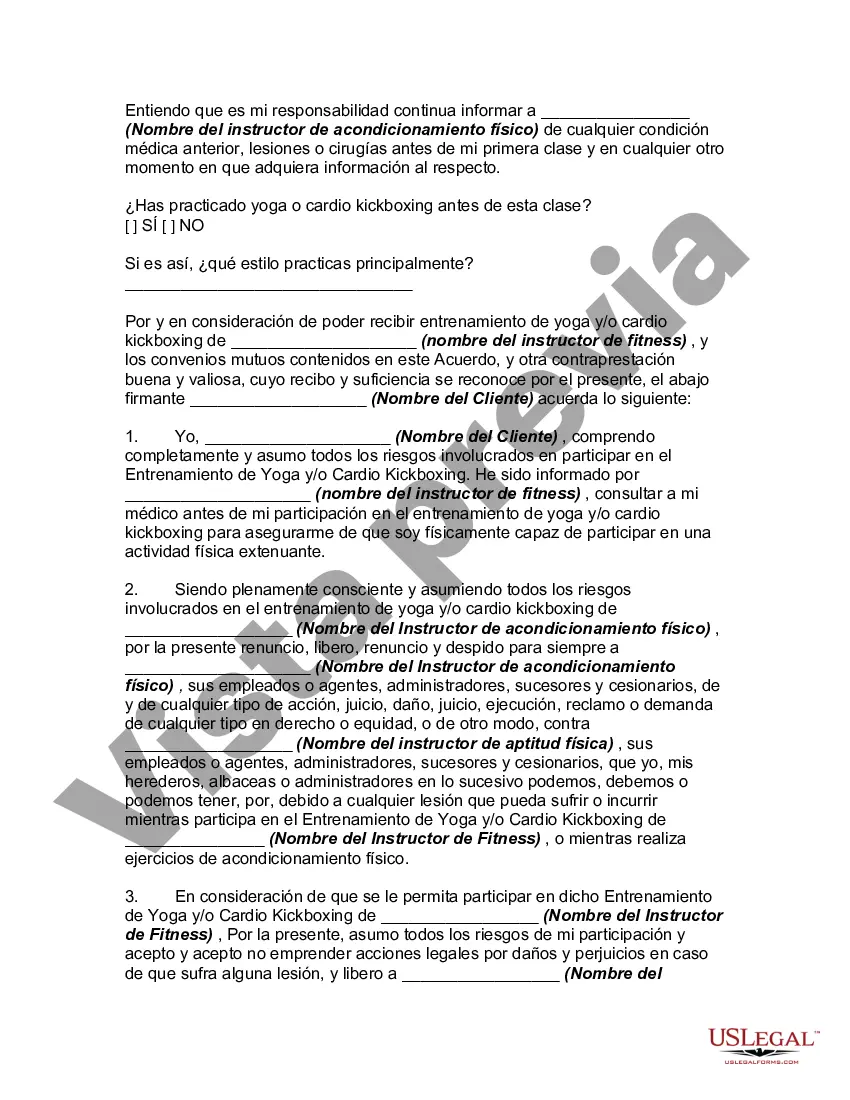 Preview Solicitud, Cuestionario Médico, Liberación, Renuncia de Responsabilidad y Acuerdo de Indemnización con Instructor de Fitness para Estudiar Yoga y/o Cardio Kickboxing