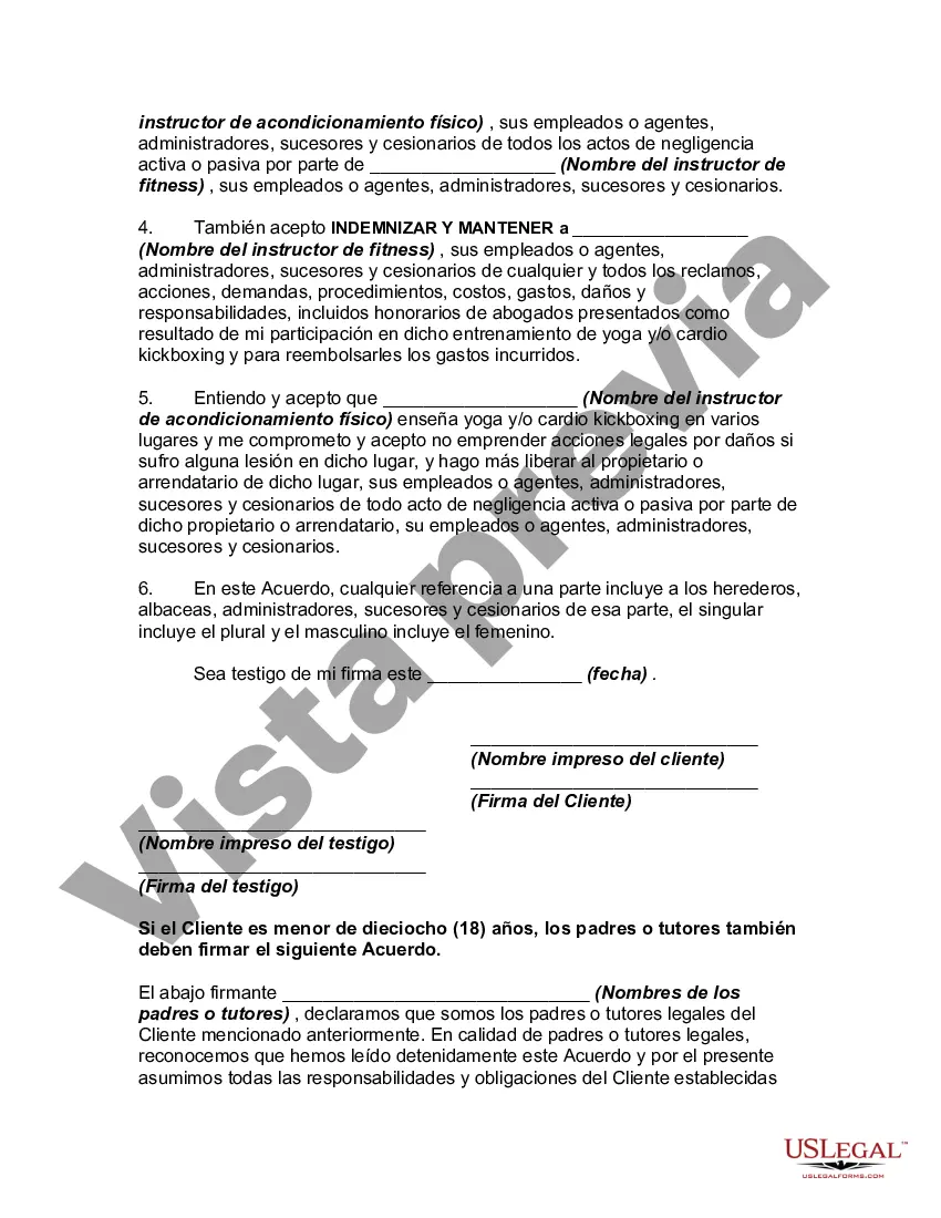 Preview Solicitud, Cuestionario Médico, Liberación, Renuncia de Responsabilidad y Acuerdo de Indemnización con Instructor de Fitness para Estudiar Yoga y/o Cardio Kickboxing