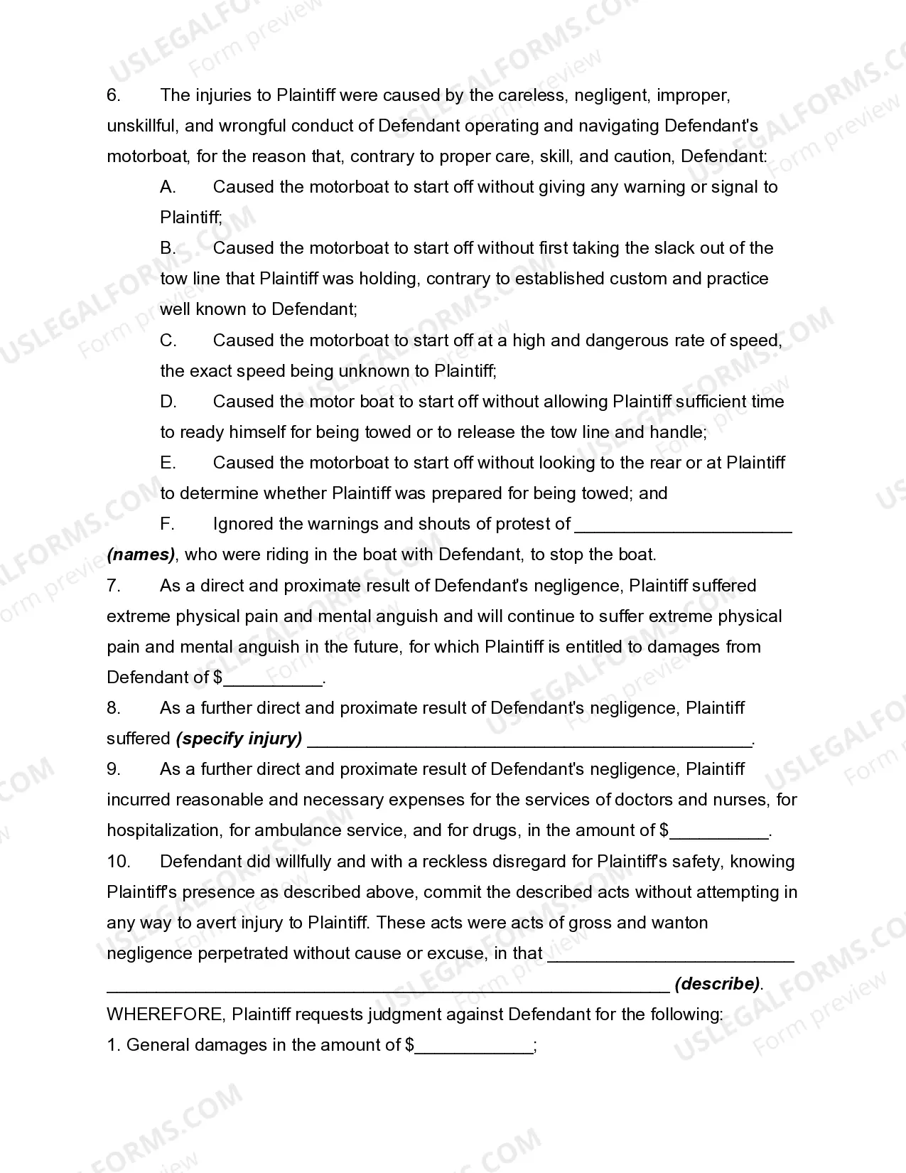 Preview Complaint Against Tow Boat Operator for Injury to Water Skier for Starting Boat without Warning