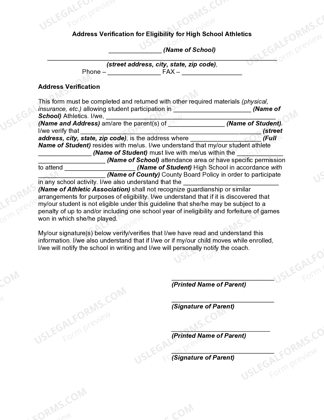 Address Verification for Eligibility for High School Athletics US