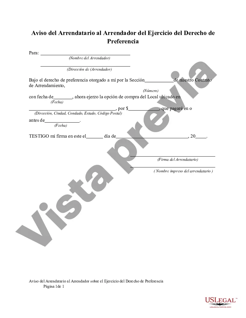 Preview Aviso del Arrendatario al Arrendador del Ejercicio del Derecho de Preferencia
