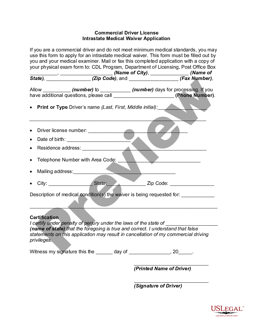 page 0 Commercial Driver License Intrastate Medical Waiver Application preview