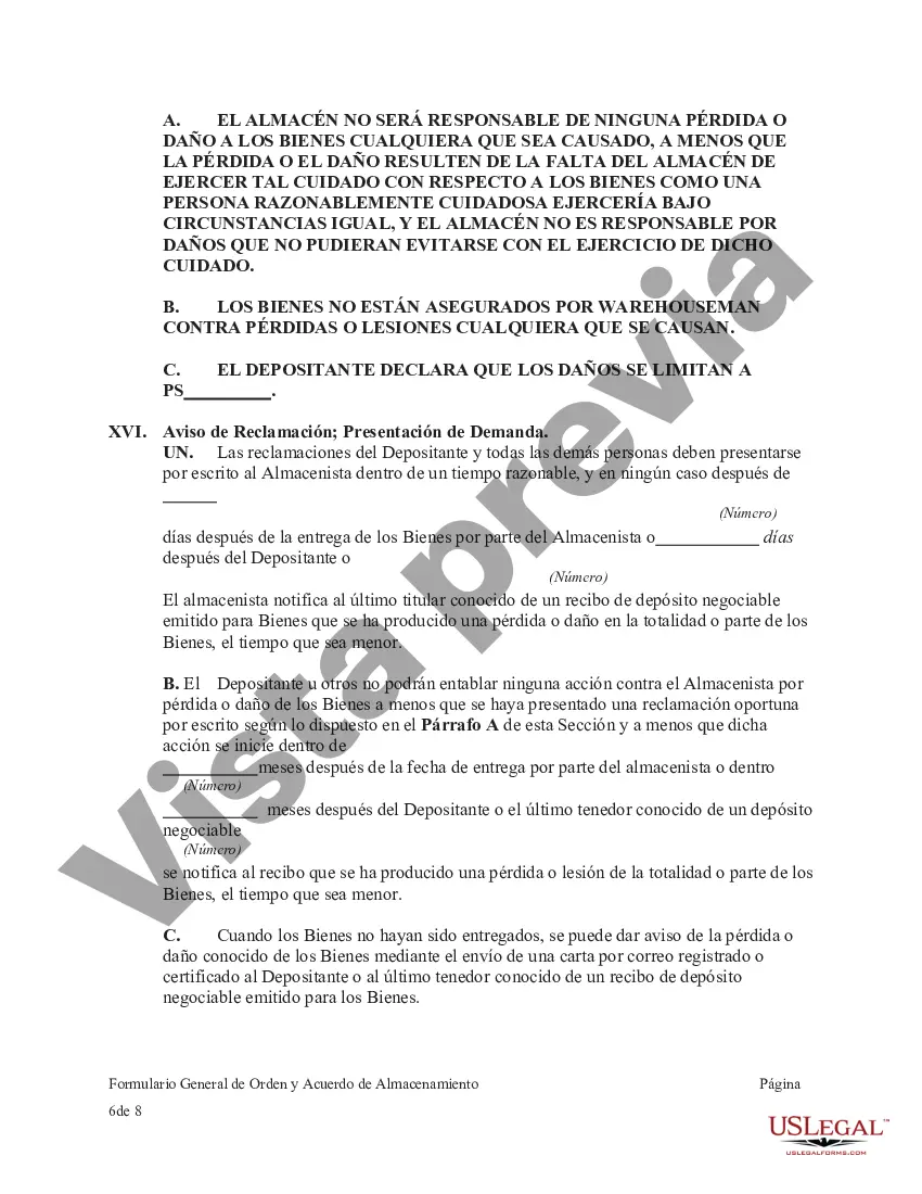 Preview Formulario general de orden y acuerdo de almacenamiento