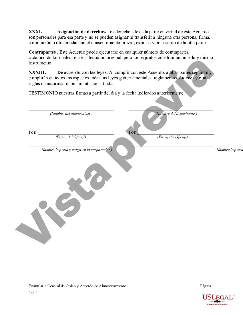 Preview Formulario general de orden y acuerdo de almacenamiento