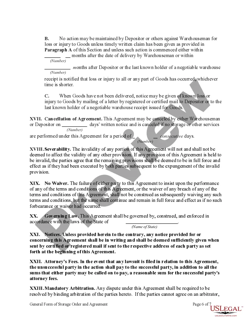 Get General Form of Storage Order and Agreement Preview General Form of Storage Order and Agreement