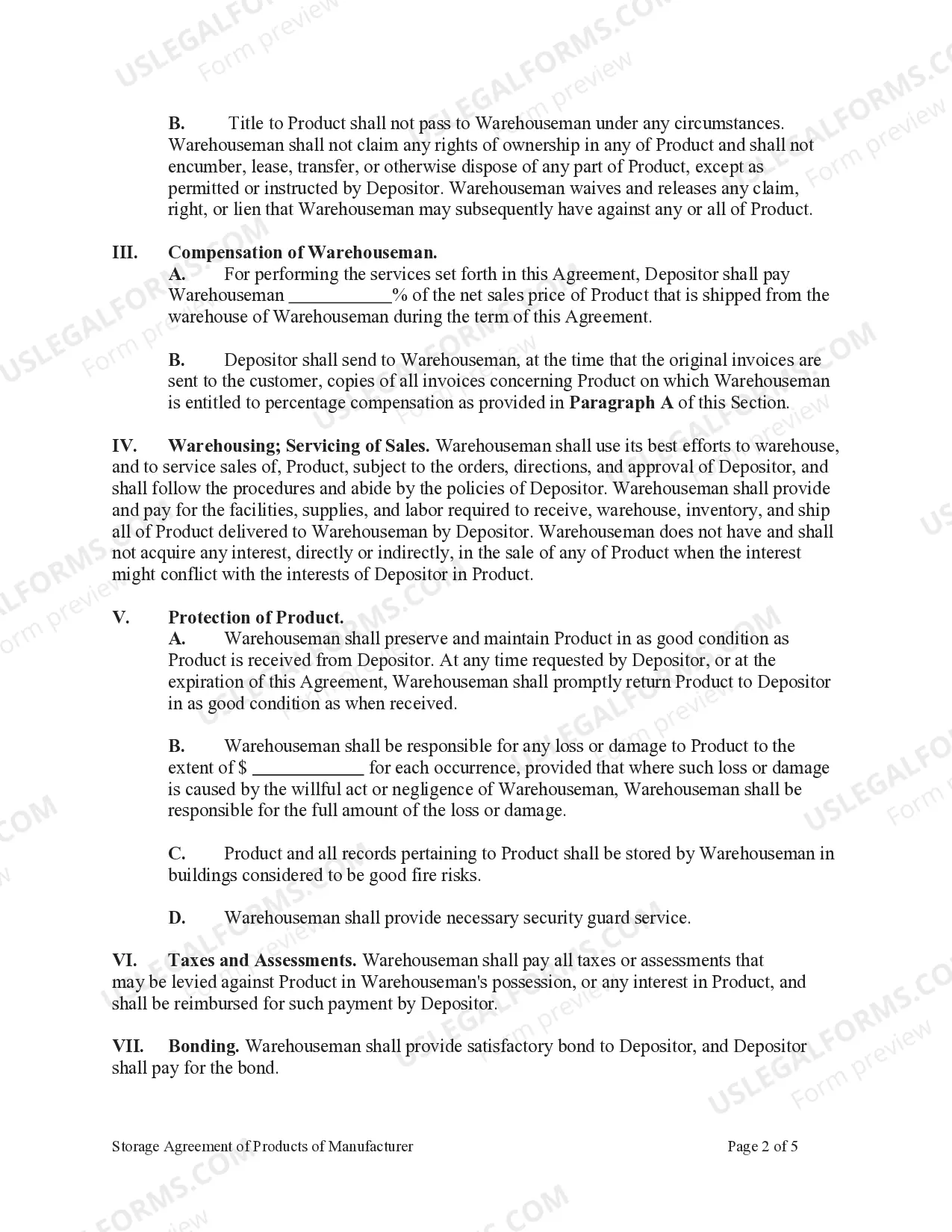 Preview Storage Agreement of Products of Manufacturer