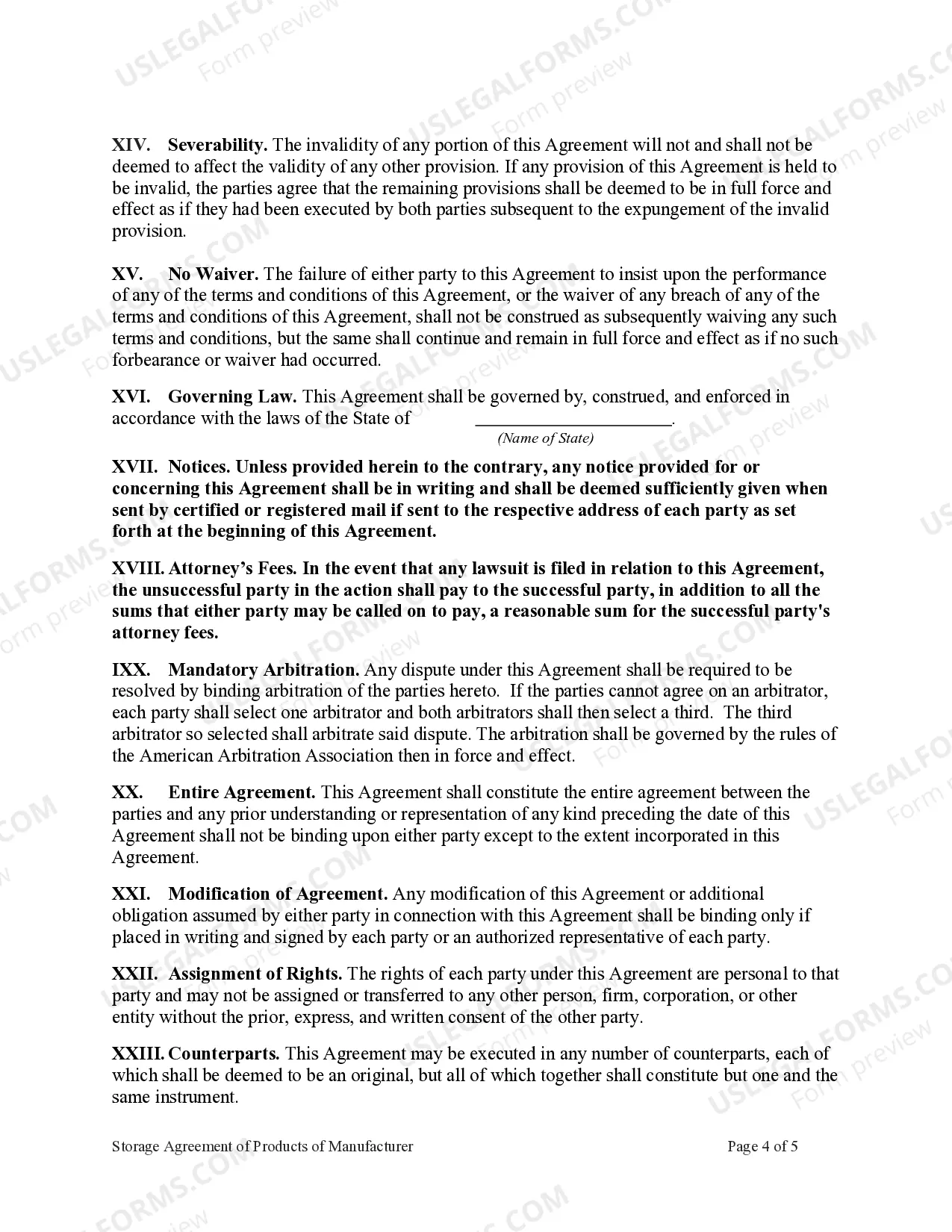 Preview Storage Agreement of Products of Manufacturer