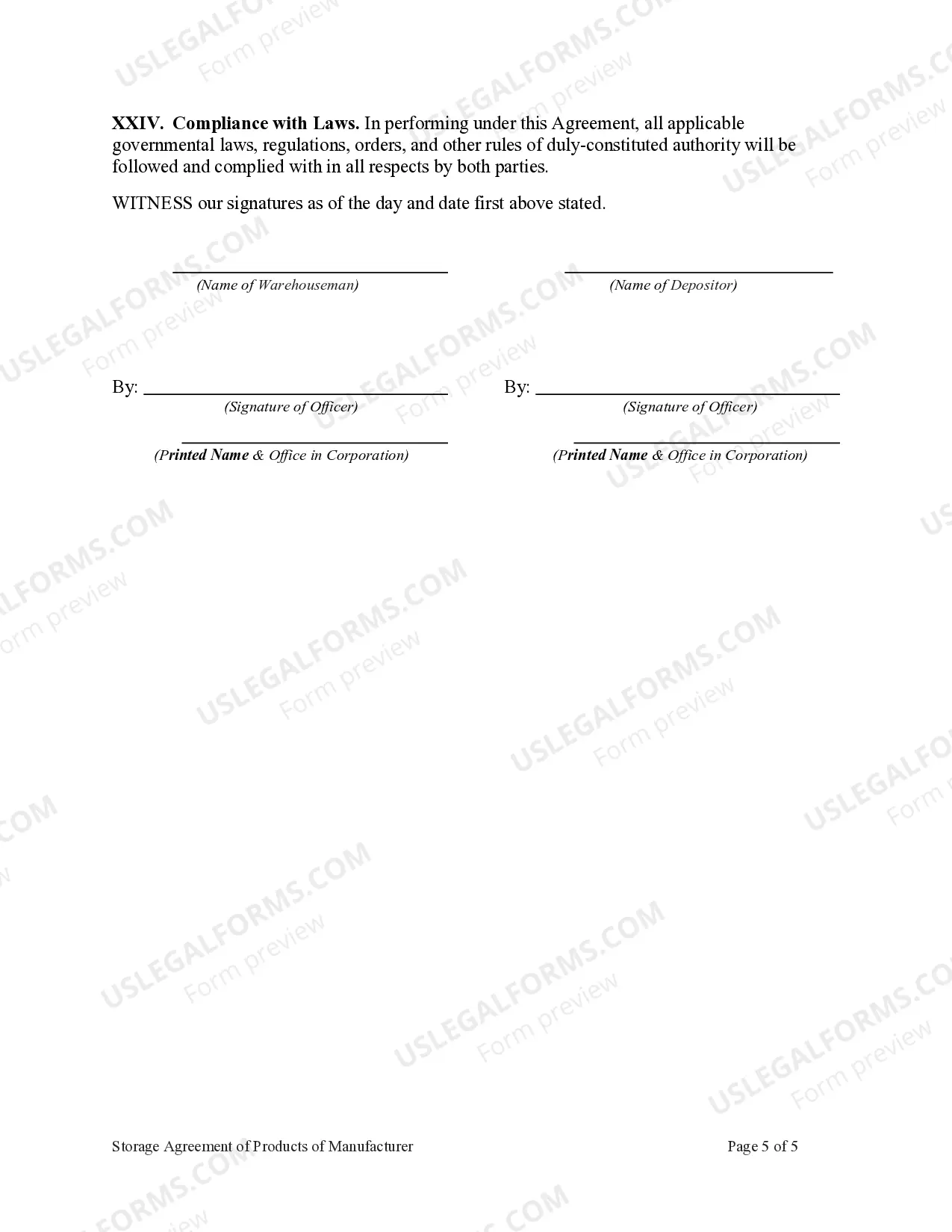 Preview Storage Agreement of Products of Manufacturer