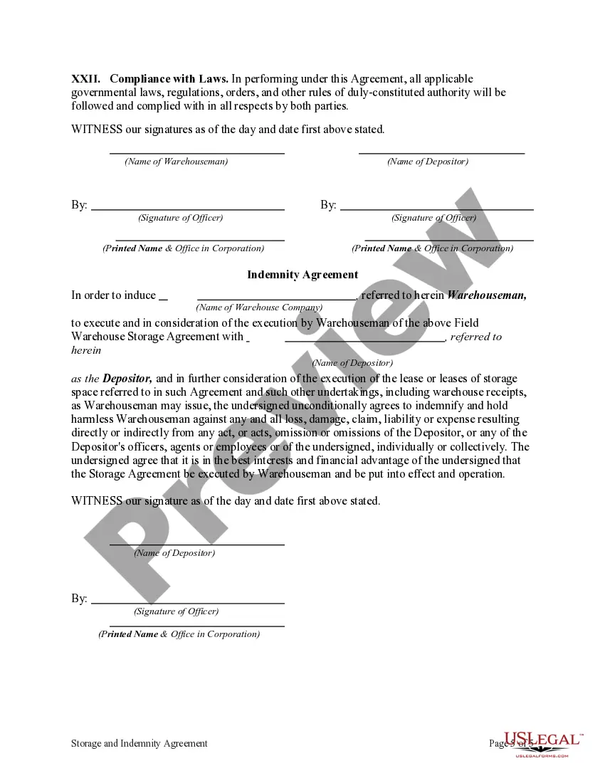 Preview Storage and Indemnity Agreement - Field Warehouse