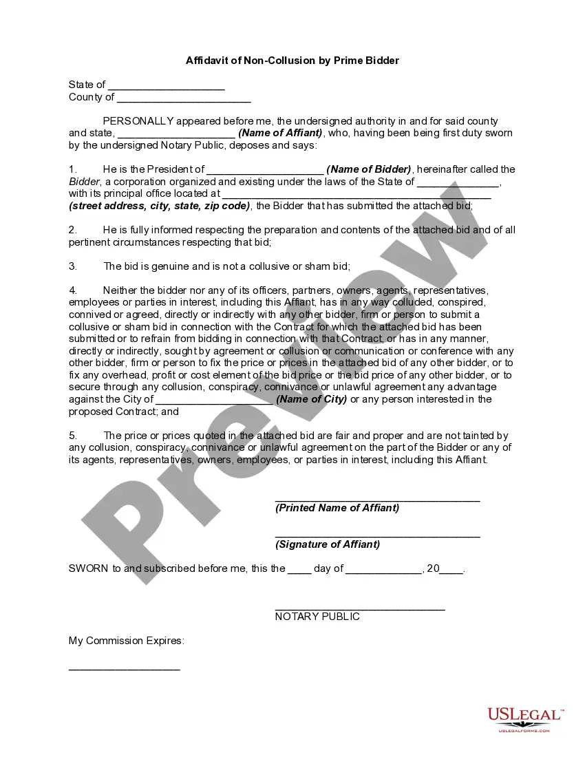 Get Affidavit of Non-Collusion by Prime Bidder Preview Affidavit of Non-Collusion by Prime Bidder