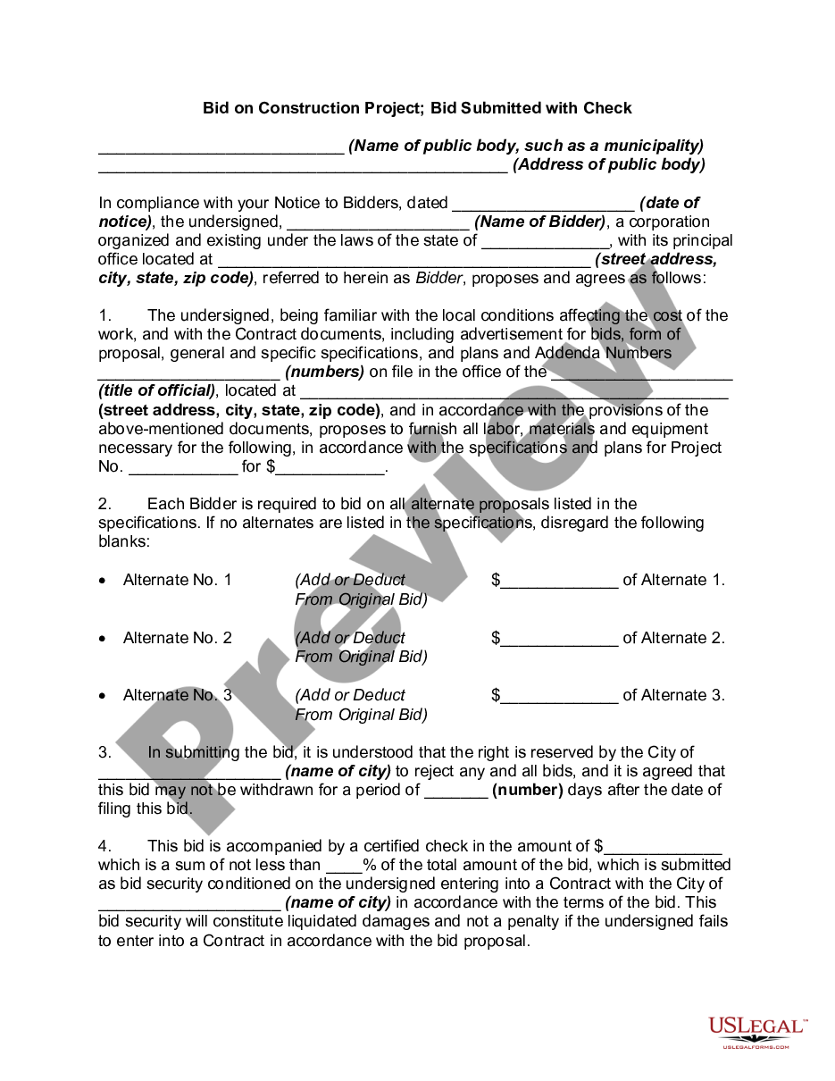 page 0 Bid on Construction Project; Bid Submitted with Check preview