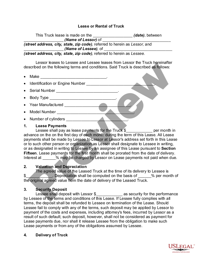 Lease or Rental of Truck Semi Truck Lease Agreement Pdf US Legal Forms