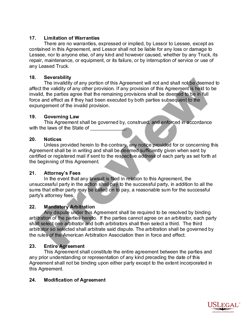 Lease or Rental of Truck - Semi Truck Lease Agreement Pdf | US Legal Forms