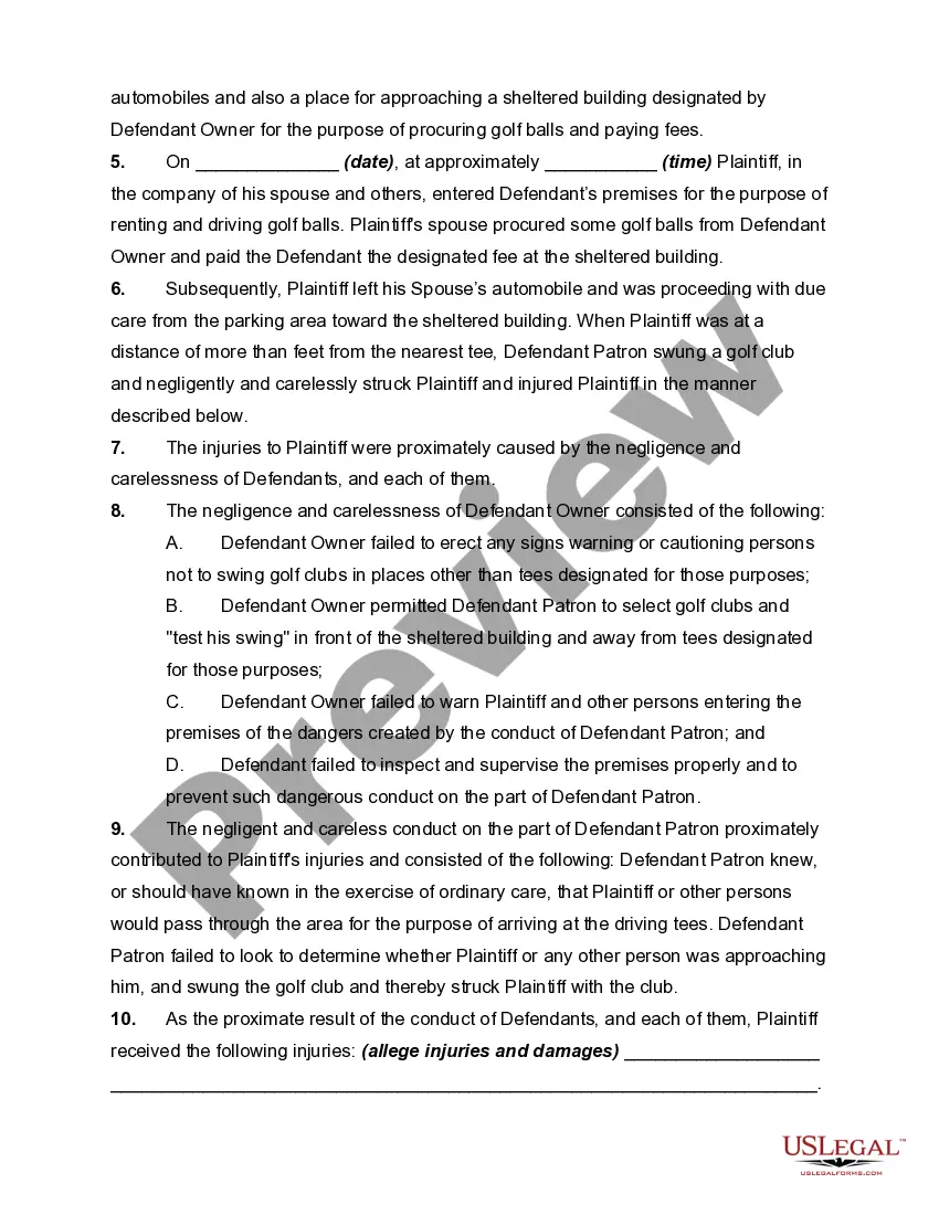 Preview Complaint Against Owner of Golf Course by Patron of Driving Range Struck by Golf Club