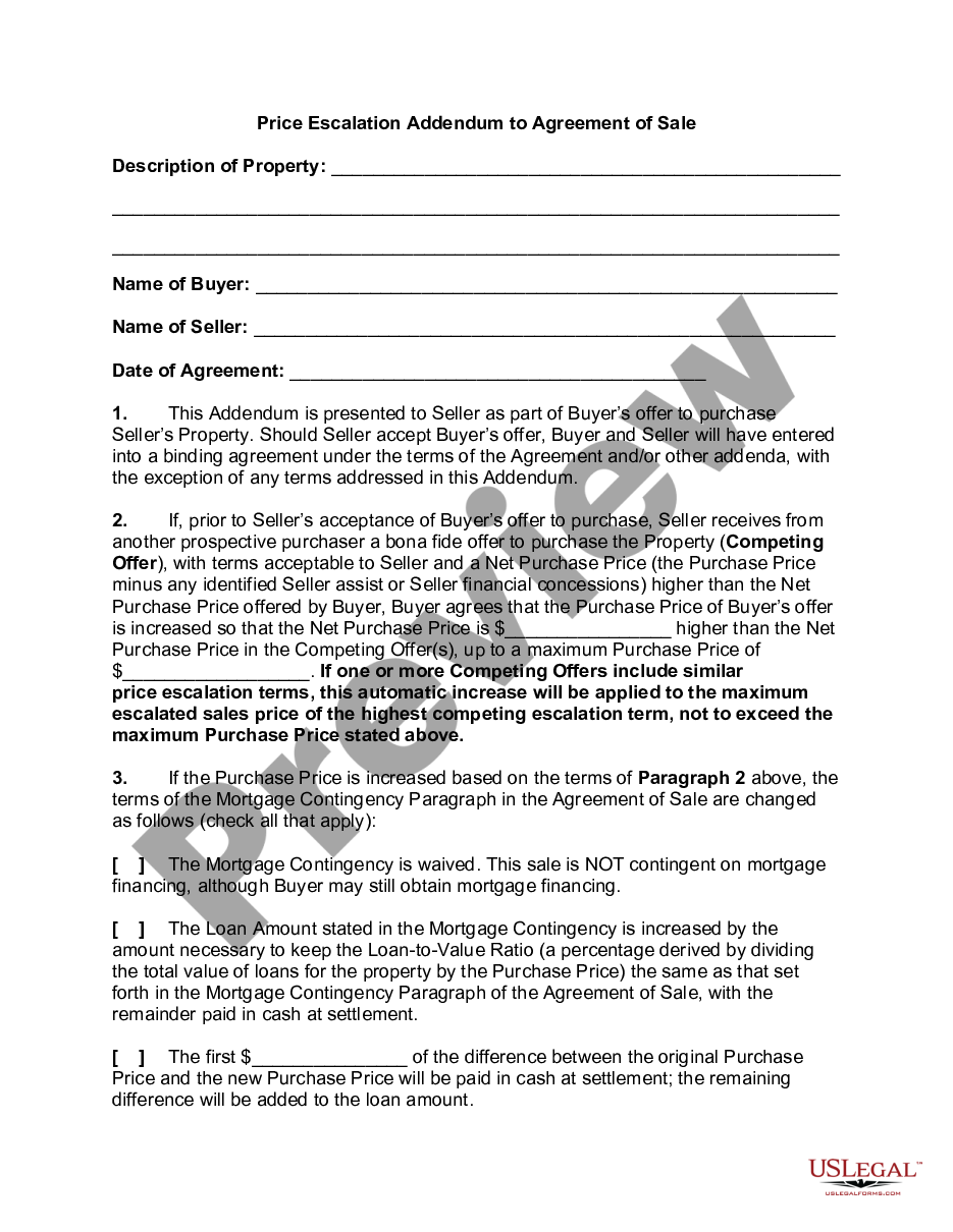 page 0 Price Escalation Addendum to Agreement of Sale preview
