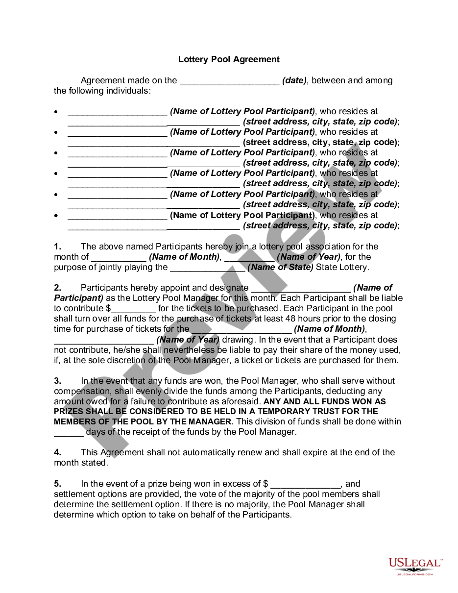 page 0 Lottery Pool Agreement preview