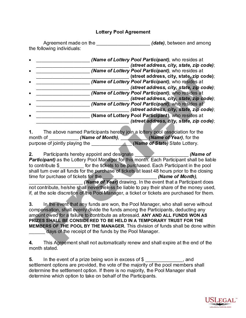 Lottery Pool Agreement Lottery Pool Agreement US Legal Forms