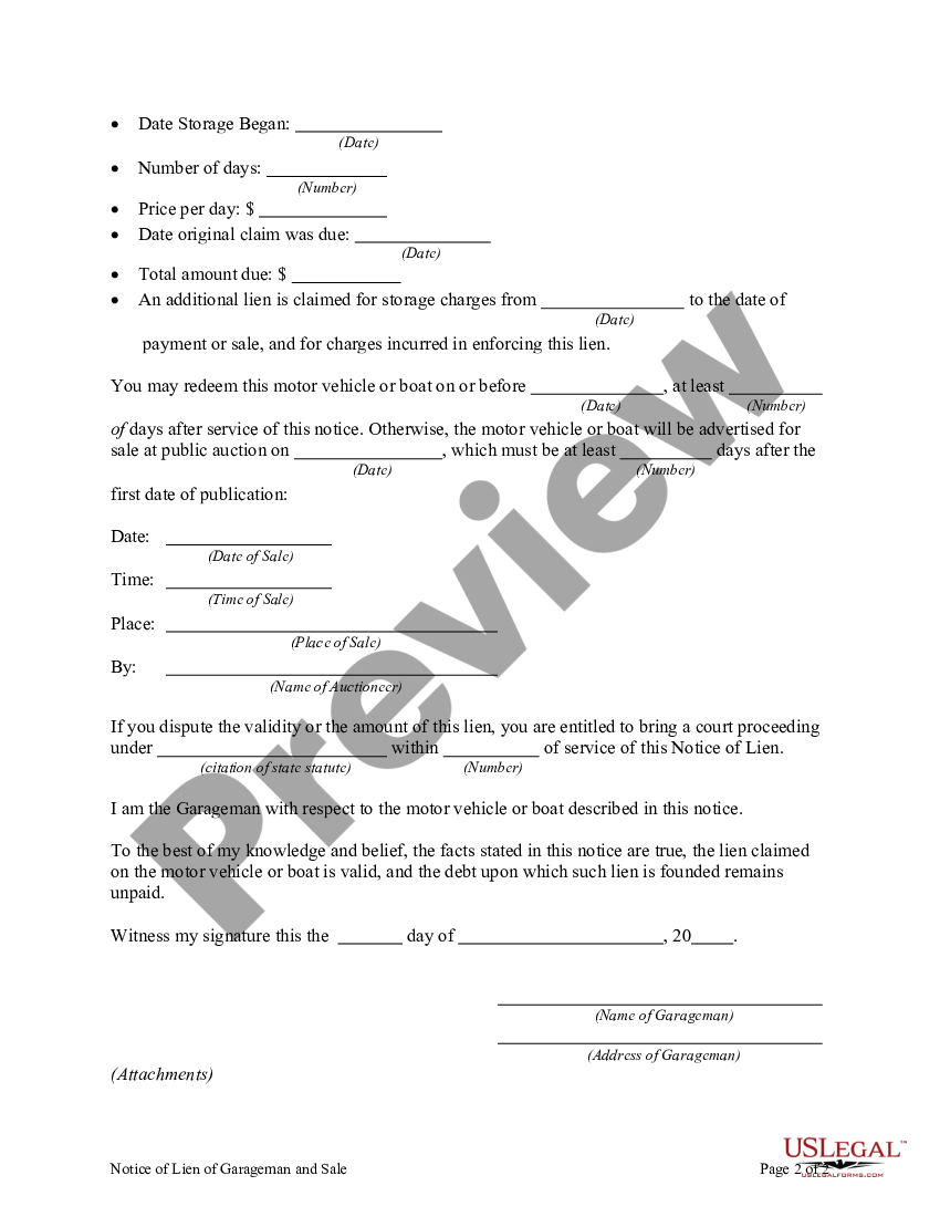 Notice of Lien of Garageman and Sale - Garageman Lien | US Legal Forms