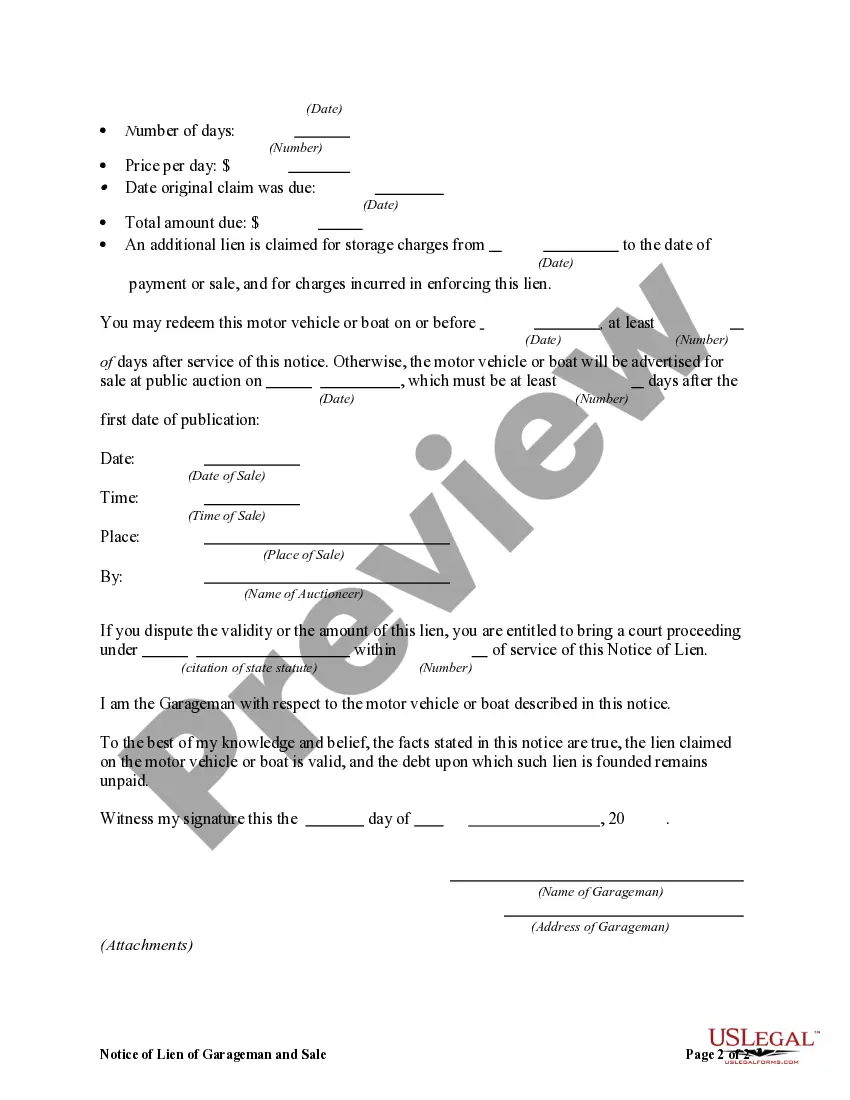 Preview Notice of Lien of Garageman and Sale