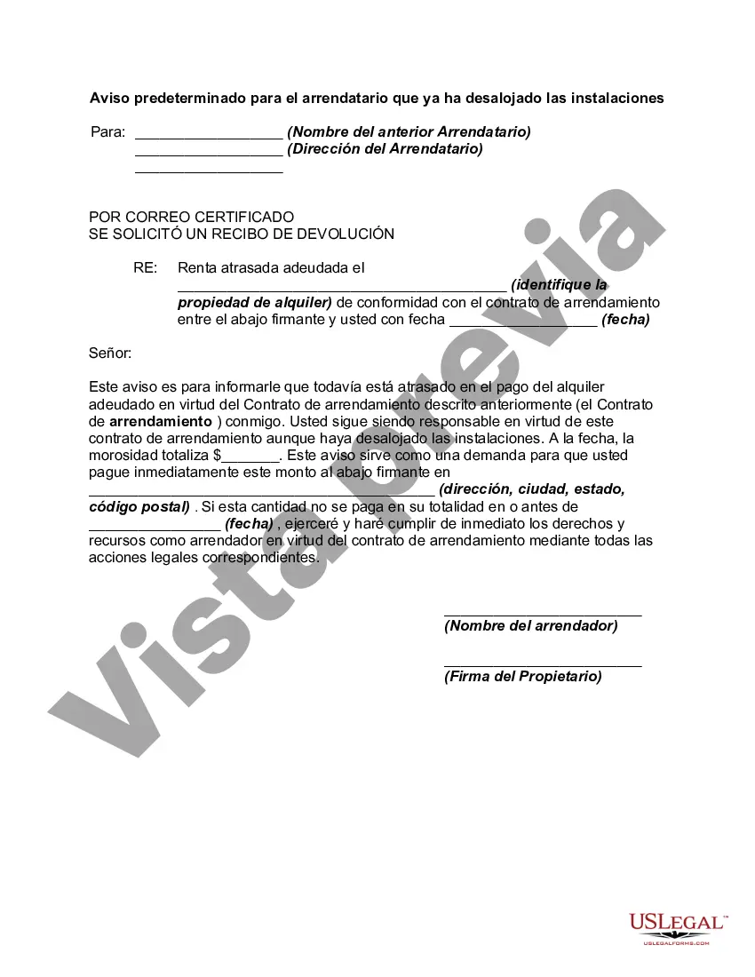 Preview Aviso predeterminado para el arrendatario que ya ha desalojado las instalaciones