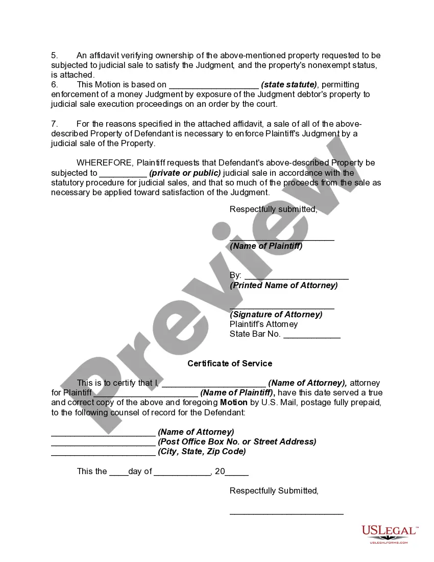 Get Motion for Satisfaction of Money Judgment by Judicial Sale Preview Motion for Satisfaction of Money Judgment by Judicial Sale