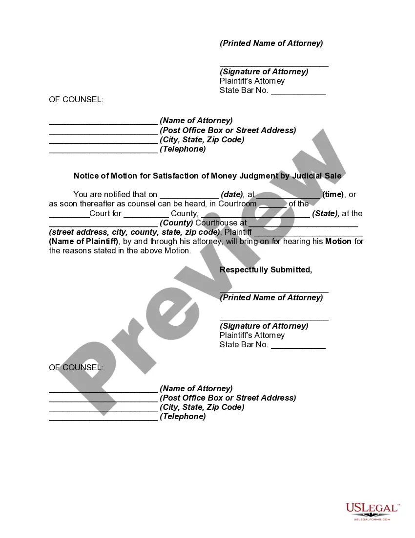 Get Motion for Satisfaction of Money Judgment by Judicial Sale Preview Motion for Satisfaction of Money Judgment by Judicial Sale