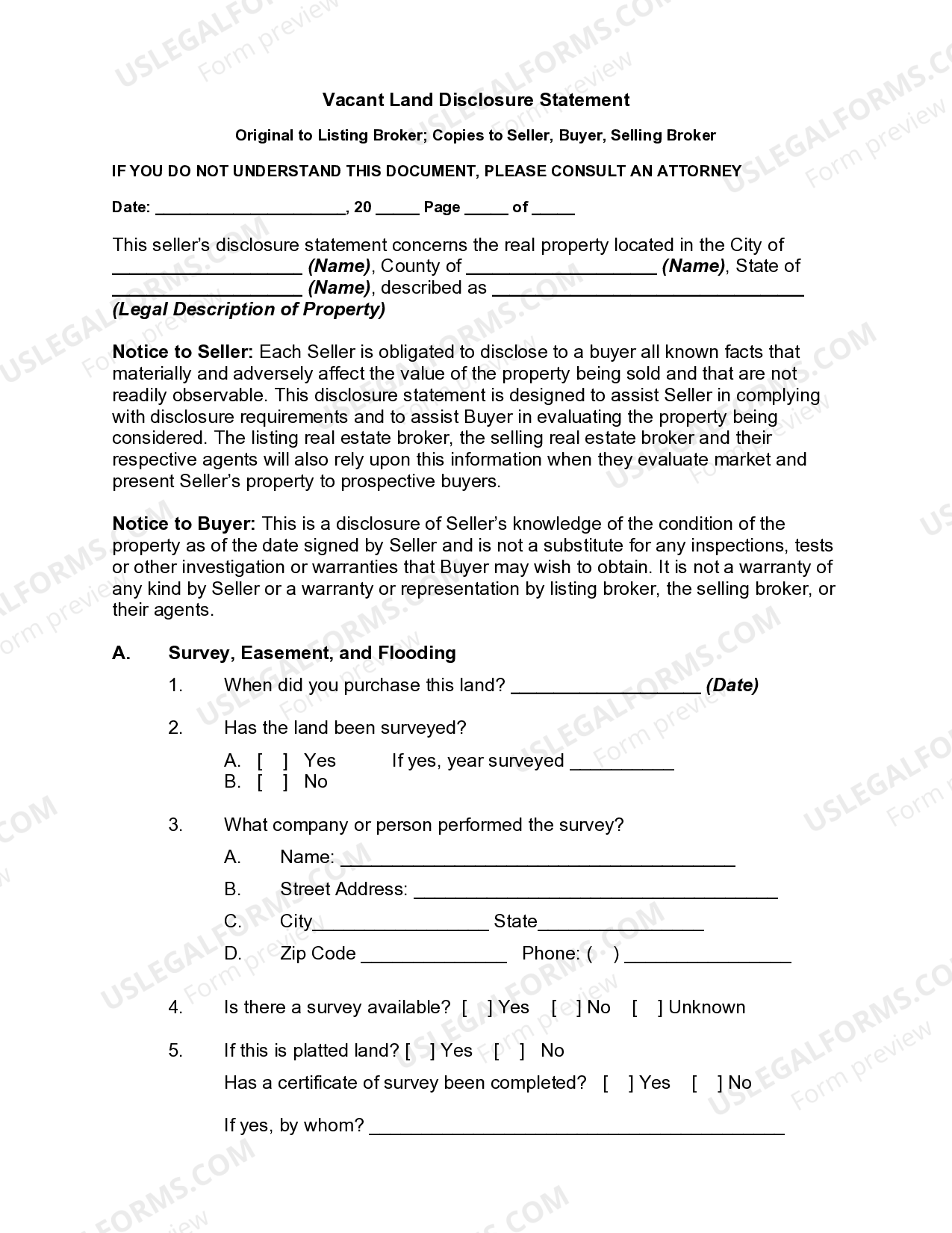 Vacant Land Disclosure Statement Vacant Land Disclosure US Legal Forms