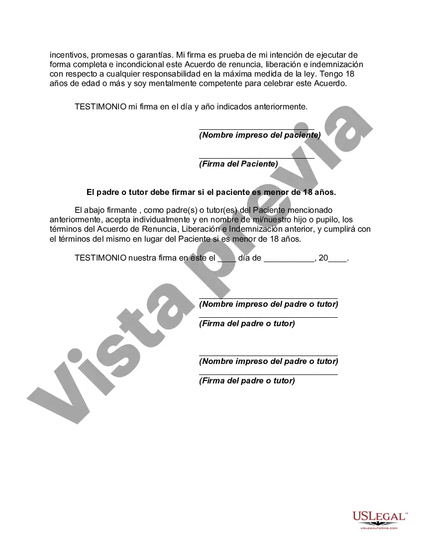 Preview Acuerdo de renuncia, liberación e indemnización por tratamientos de fisioterapia