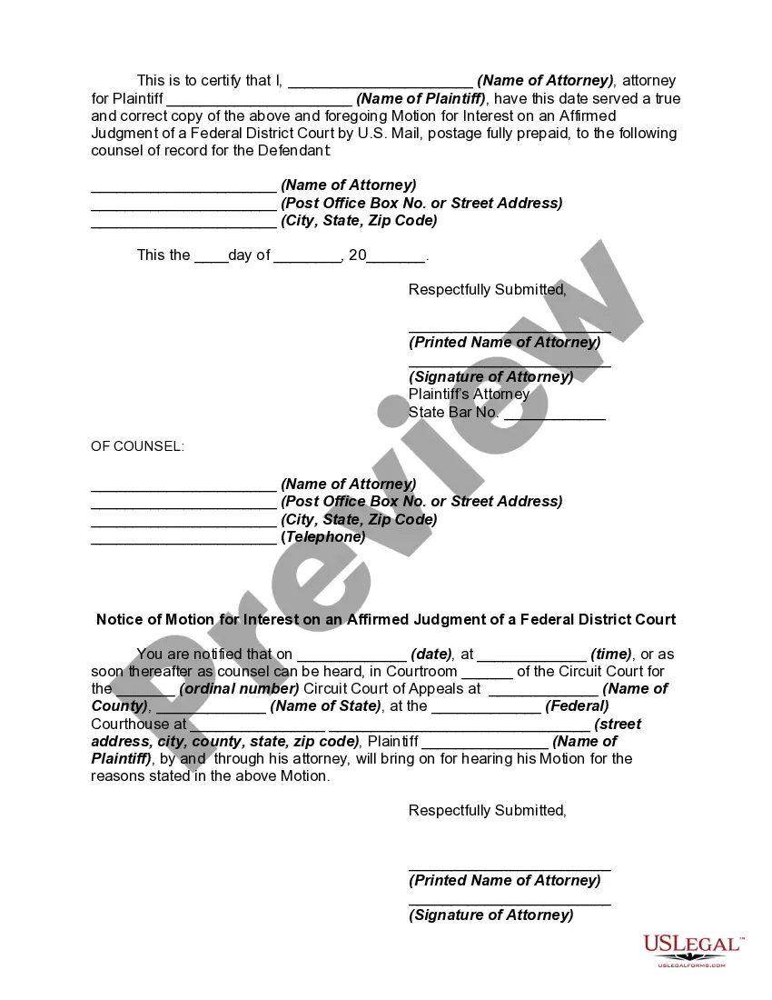 Get Motion for Interest on an Affirmed Judgment of a Federal District Court Preview Motion for Interest on an Affirmed Judgment of a Federal District Court