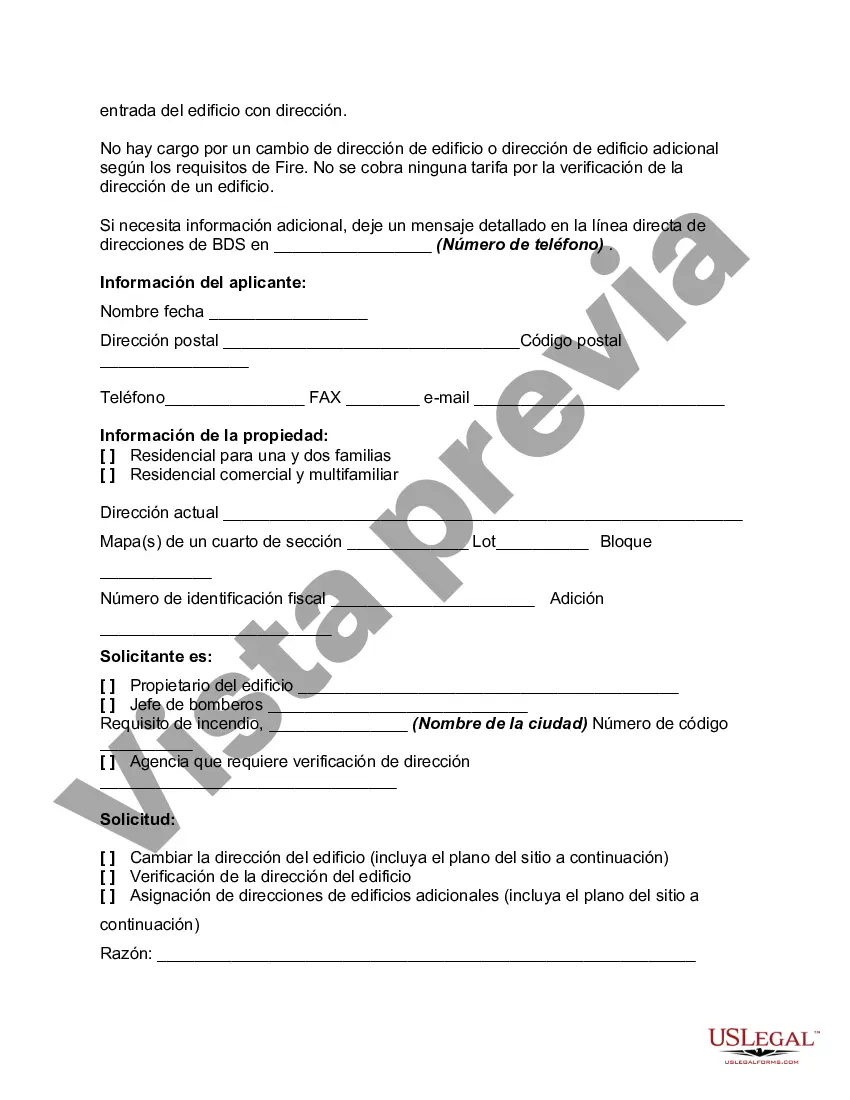 Get Solicitud de dirección del edificio: cambio de dirección, asignación de dirección adicional o verificación de dirección Preview Solicitud de dirección del edificio: cambio de dirección, asignación de dirección adicional o verificación de dirección