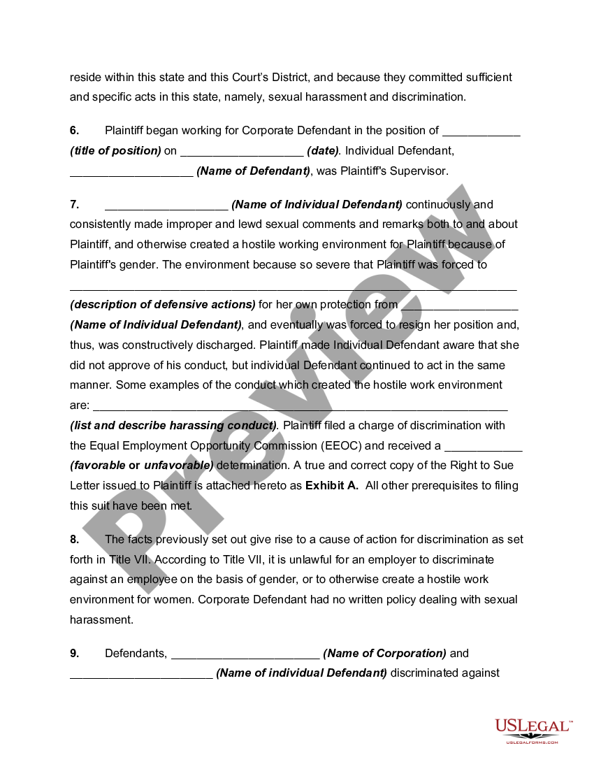 Hillsborough Florida Complaint For Discrimination In Employment Based On Sex Sexual Harassment