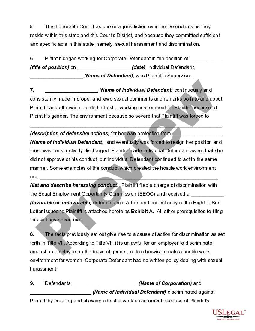 Get Complaint for Discrimination in Employment Based on Sex - Sexual Harassment and a Hostile Work Environment Preview Complaint for Discrimination in Employment Based on Sex - Sexual Harassment and a Hostile Work Environment