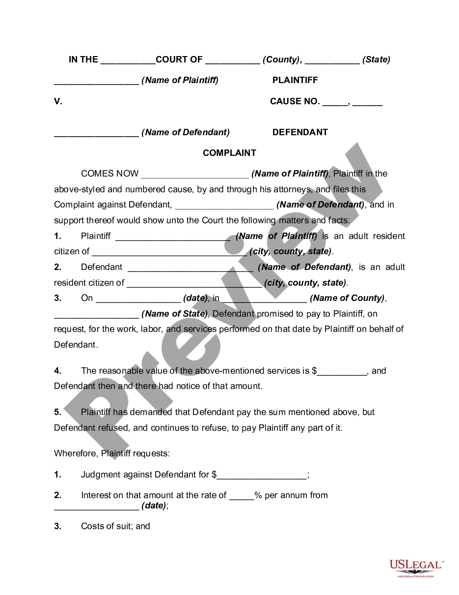page 0 General Form of Complaint for Quantum Meruit - For Services Rendered preview