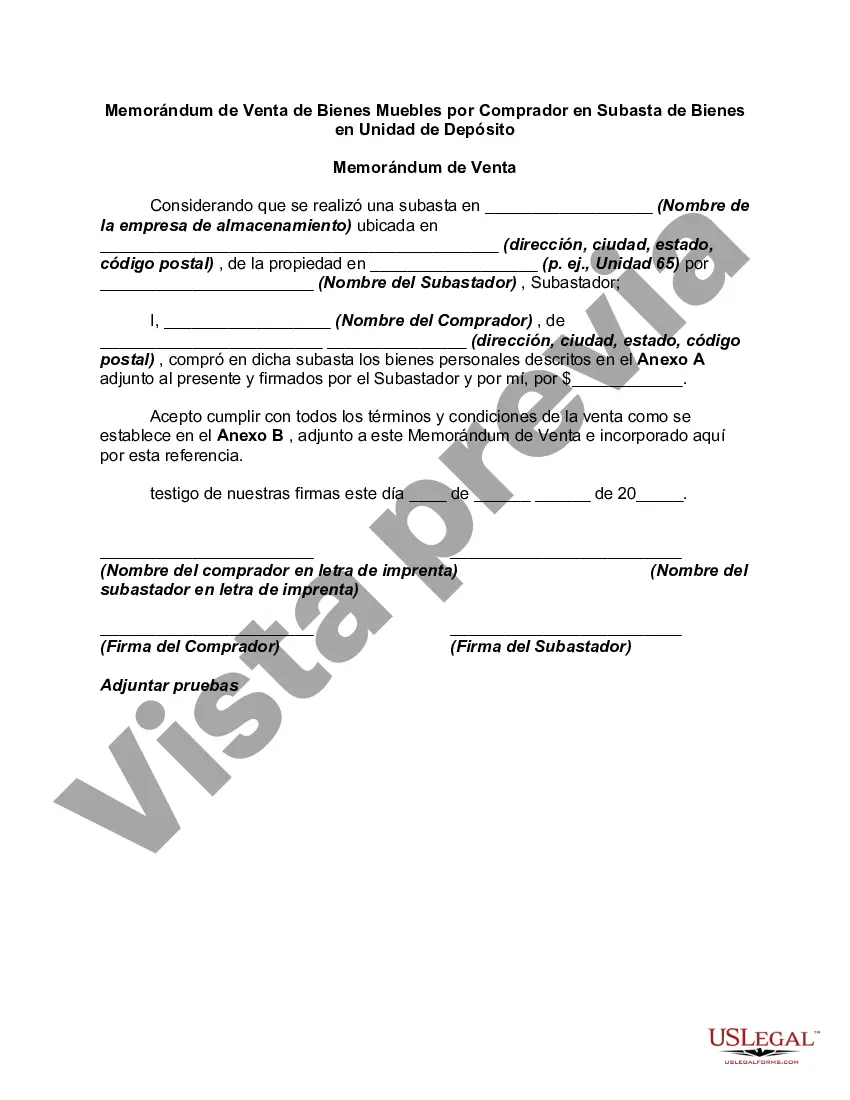 Preview Memorándum de Venta de Bienes Muebles por Comprador en Subasta de Bienes en Unidad de Depósito