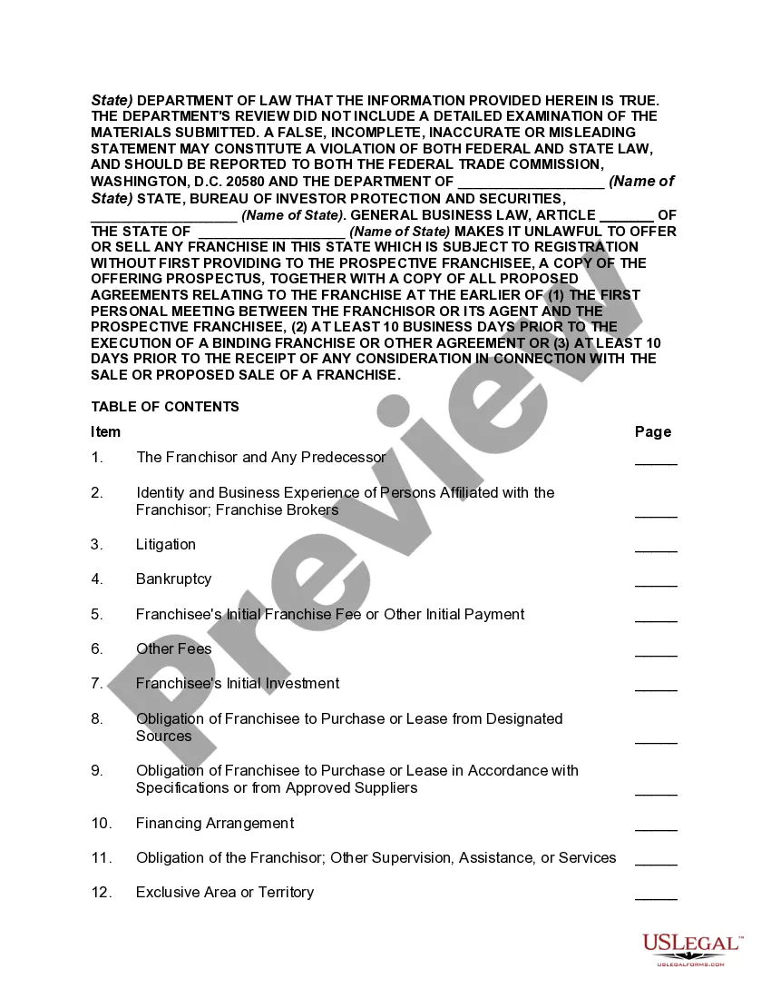 Preview Form of Uniform Franchise Offering Prospectus