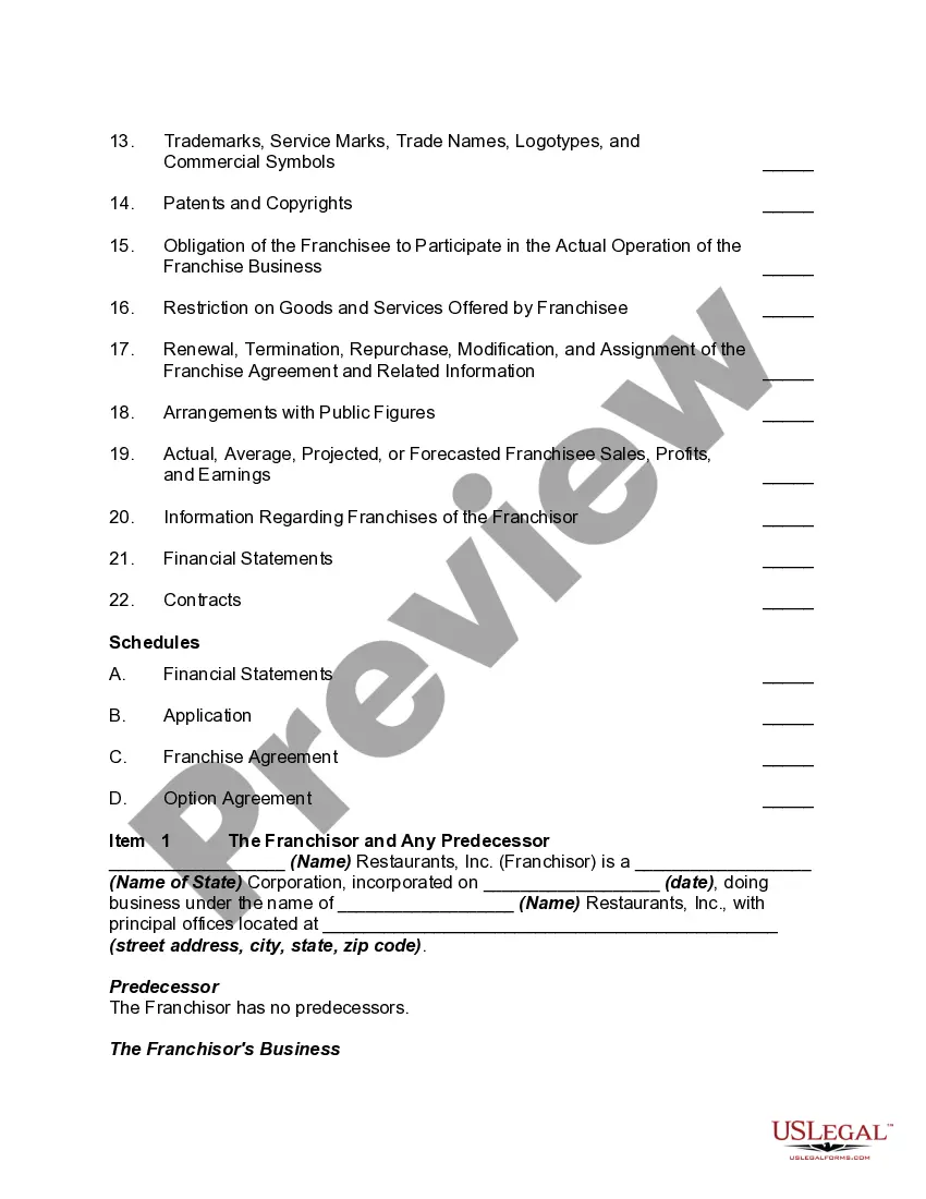 Preview Form of Uniform Franchise Offering Prospectus