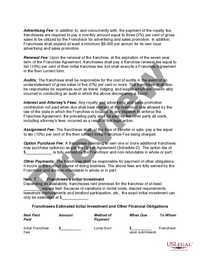 Preview Form of Uniform Franchise Offering Prospectus