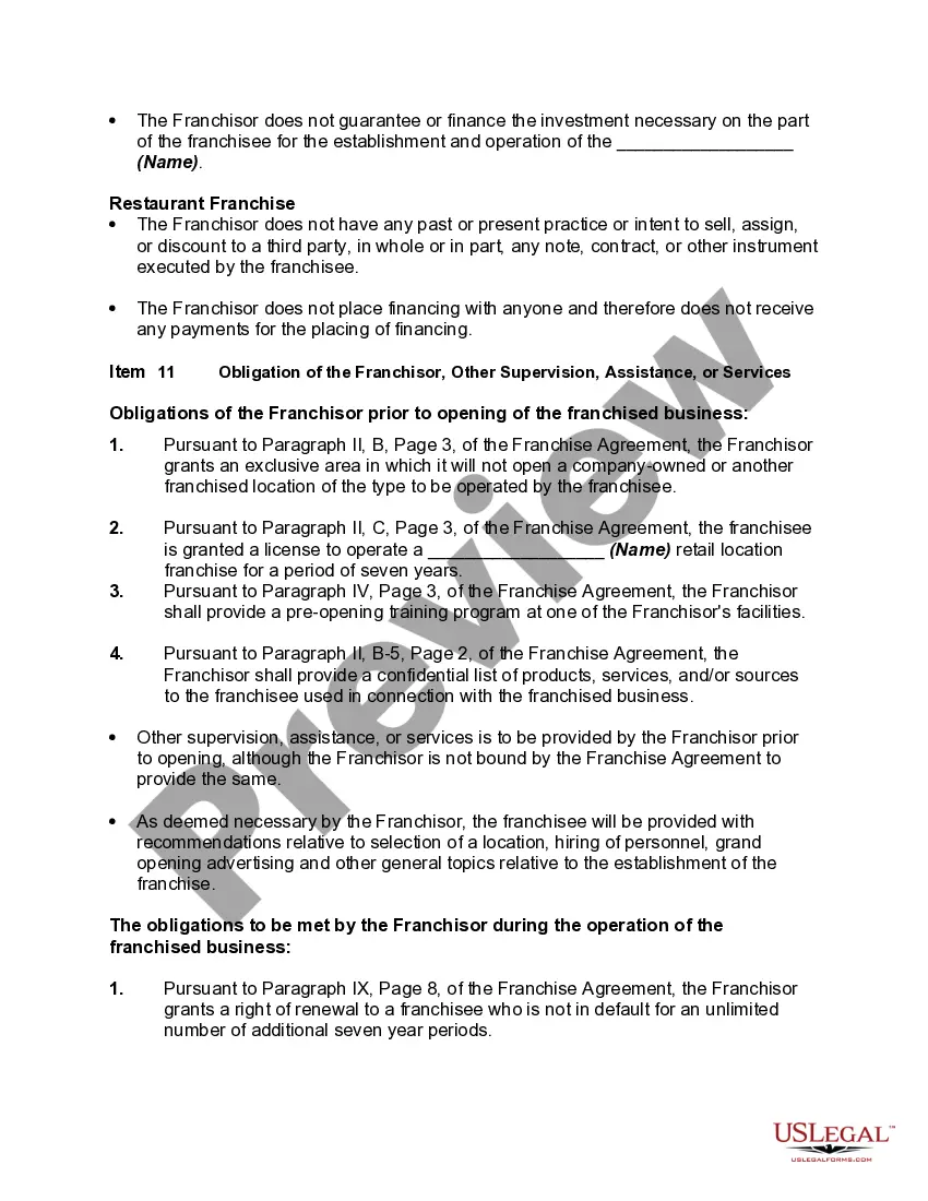 Preview Form of Uniform Franchise Offering Prospectus