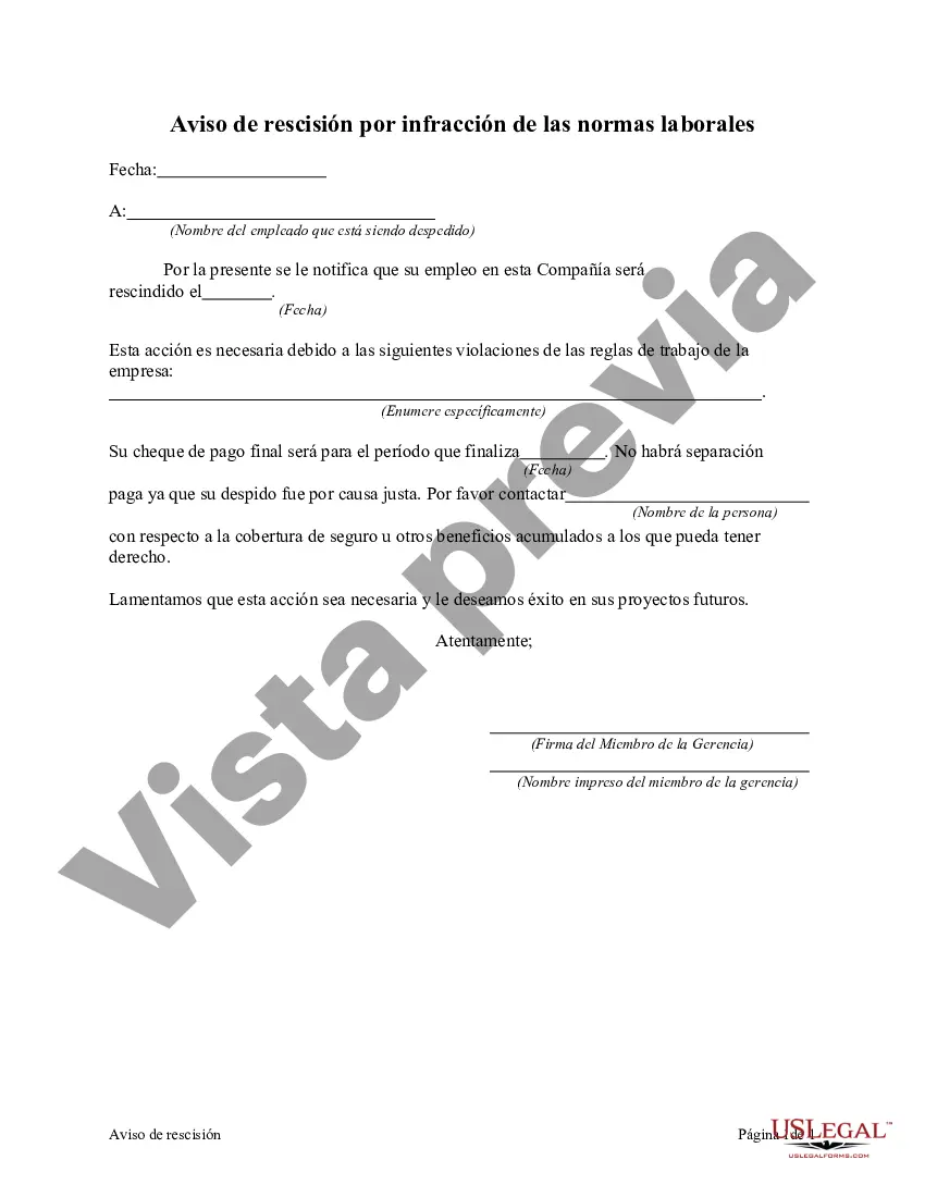 Preview Aviso de rescisión por infracción de las normas laborales