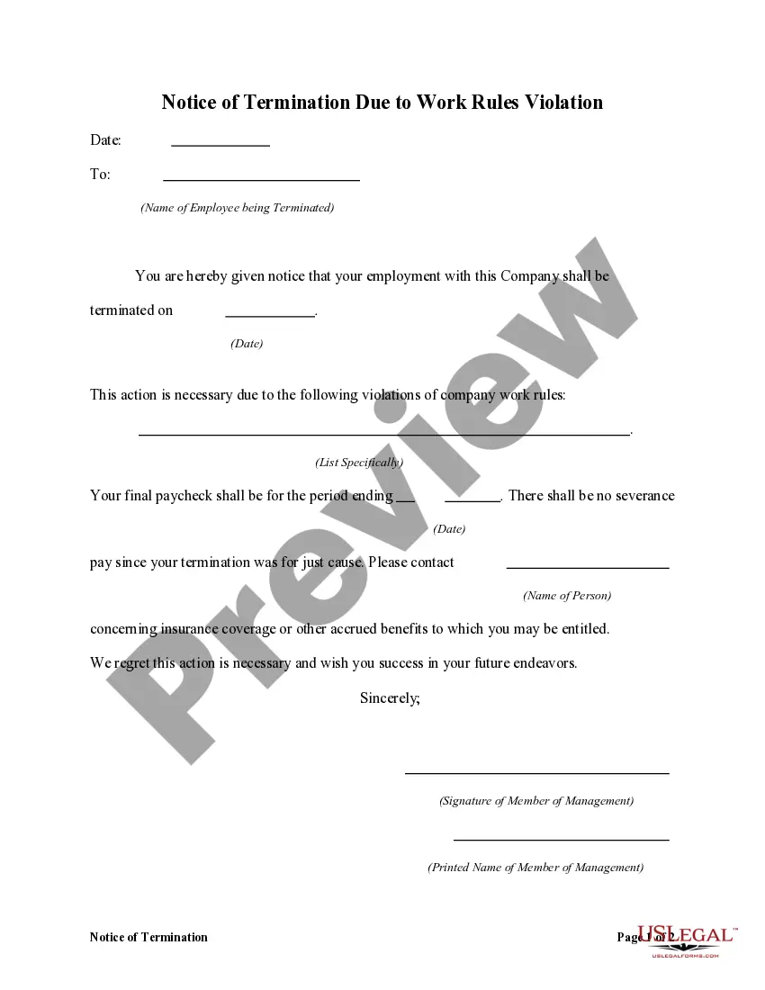Preview Notice of Termination Due to Work Rules Violation