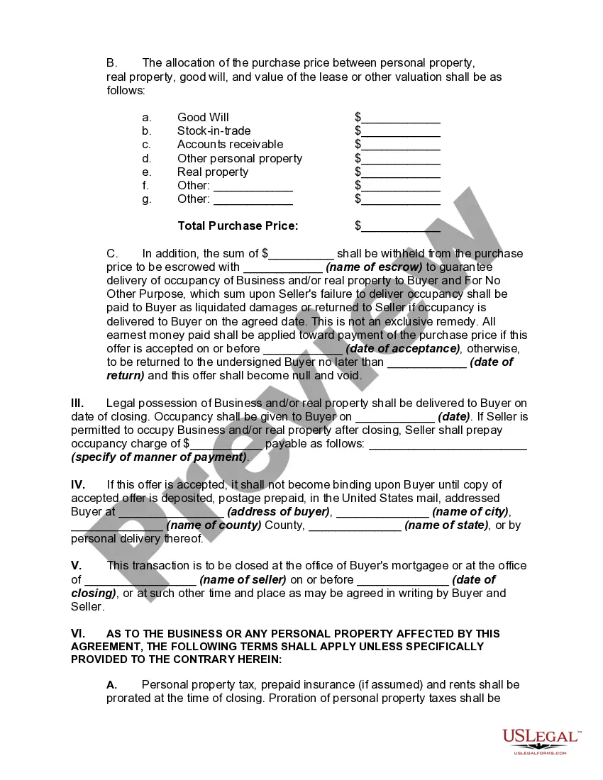 Preview Offer to Purchase Business, Including Good Will