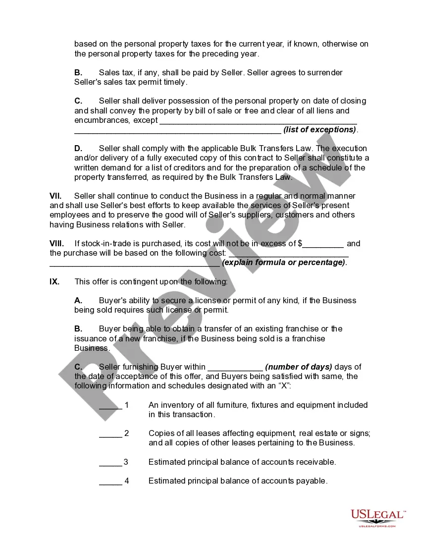 Preview Offer to Purchase Business, Including Good Will