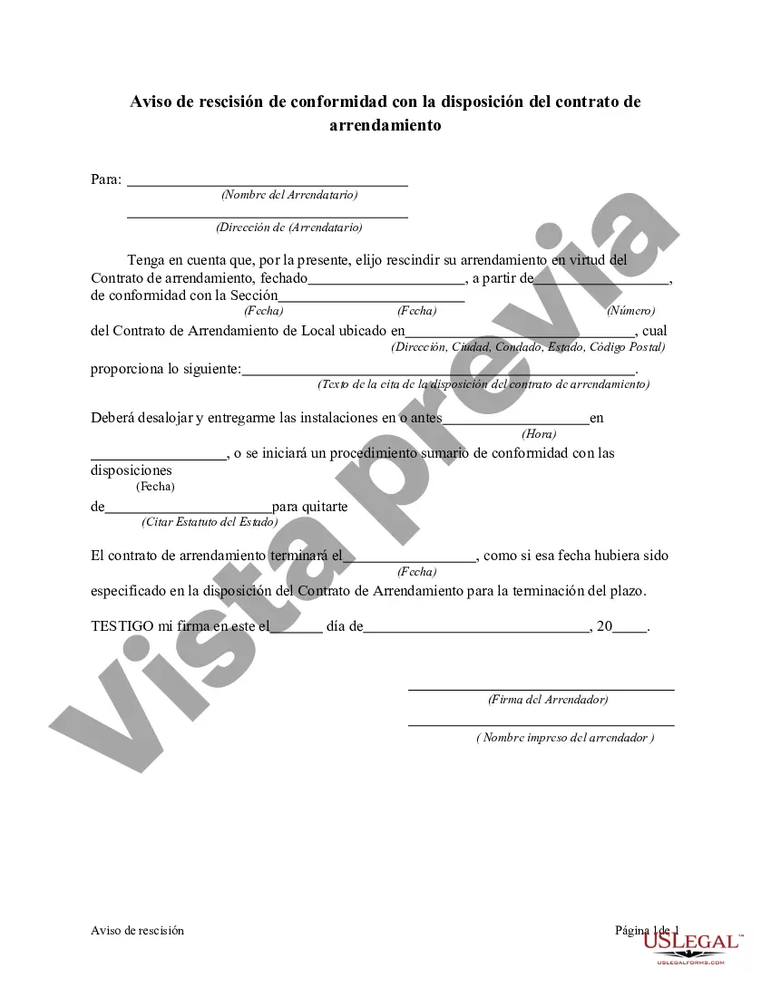Preview Aviso de rescisión de conformidad con la disposición del contrato de arrendamiento