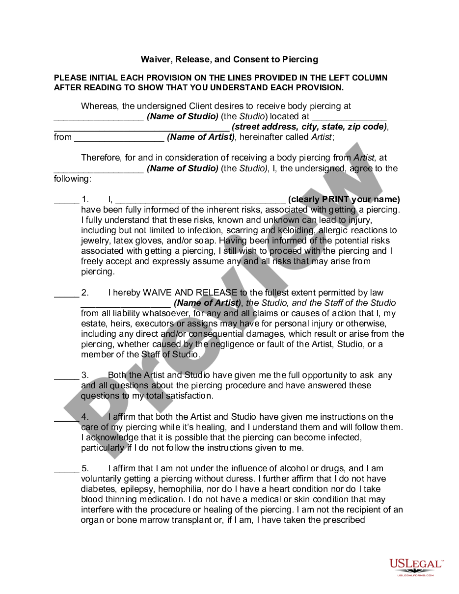 page 0 Waiver, Release, and Consent to Piercing preview