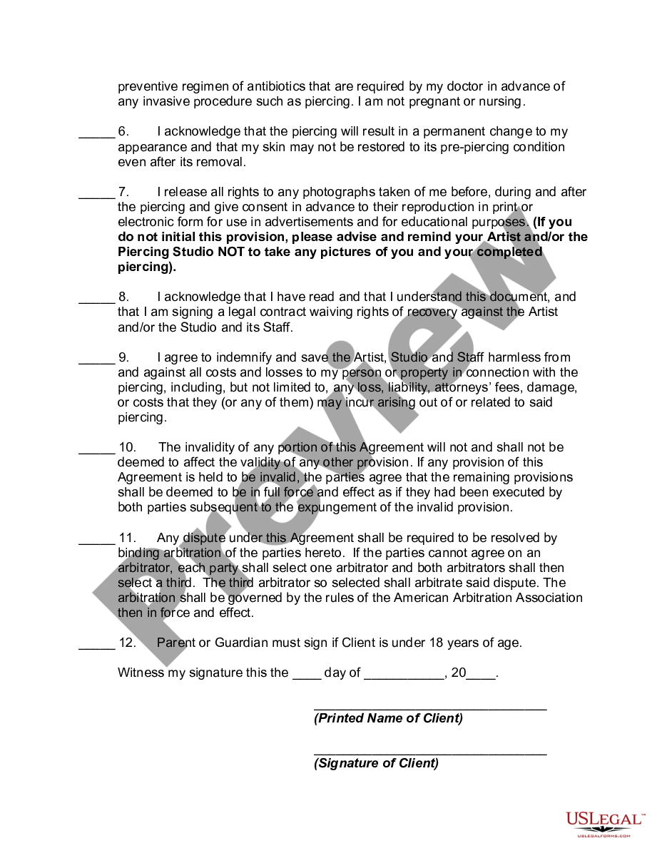page 1 Waiver, Release, and Consent to Piercing preview